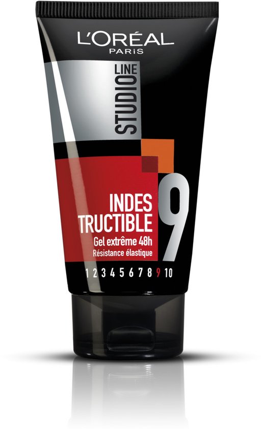 Tube L'Oréal Studio Line Indestructible gel. Zwarte tube met rode en oranje details. Tekst 9.