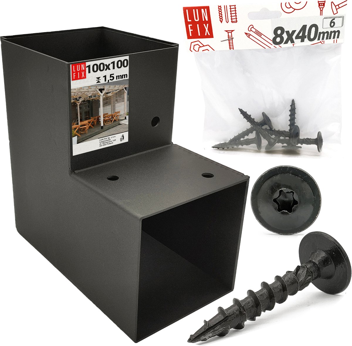 LUN FIX - L-verbinder 102x206x204x2 mm - 6 schroeven 8x40 mm - verzinkt staal en zwart gepoedercoat