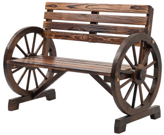 Bruine houten tuinbank met wielvormige armleuningen en houten zitting en rugleuning.