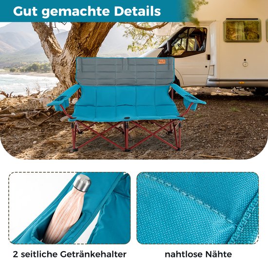 COSTWAY Campingstoel voor 2 personen, klapstoel met verstelbare armleuningen, bekerhouders en draagtas, 272 kg draagvermogen, campingbank, inklapbaar, vouwbank, visstoel voor camping, picknick, blauw van Costway — afbeelding 2