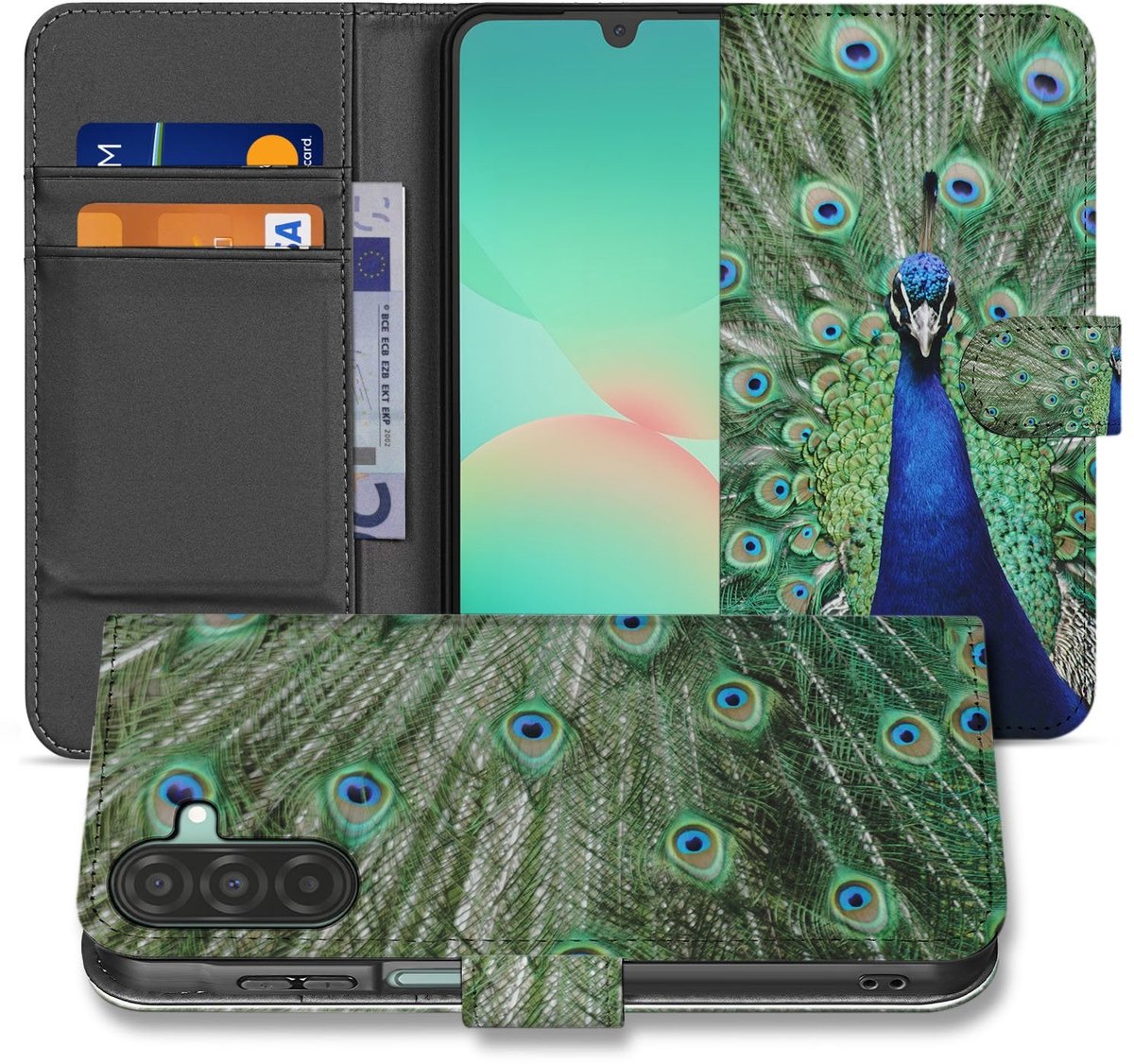 Samsung Galaxy A17 Bookcase Hoesje Met Pauwprint En Pasjes