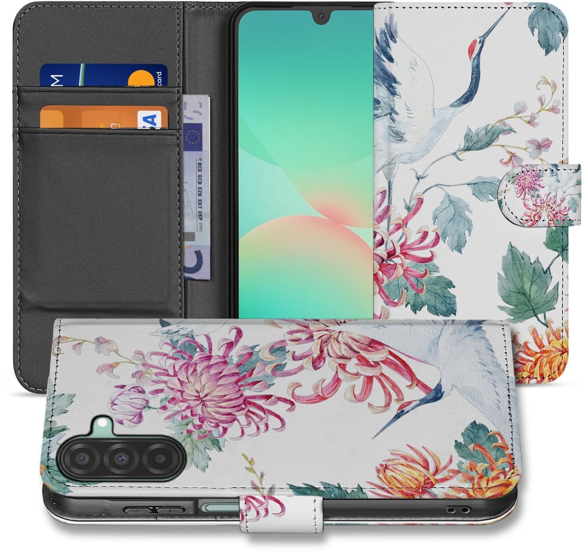 Samsung Galaxy A17 Bookcase Hoesje Met Pasjes Bird Flowers Print