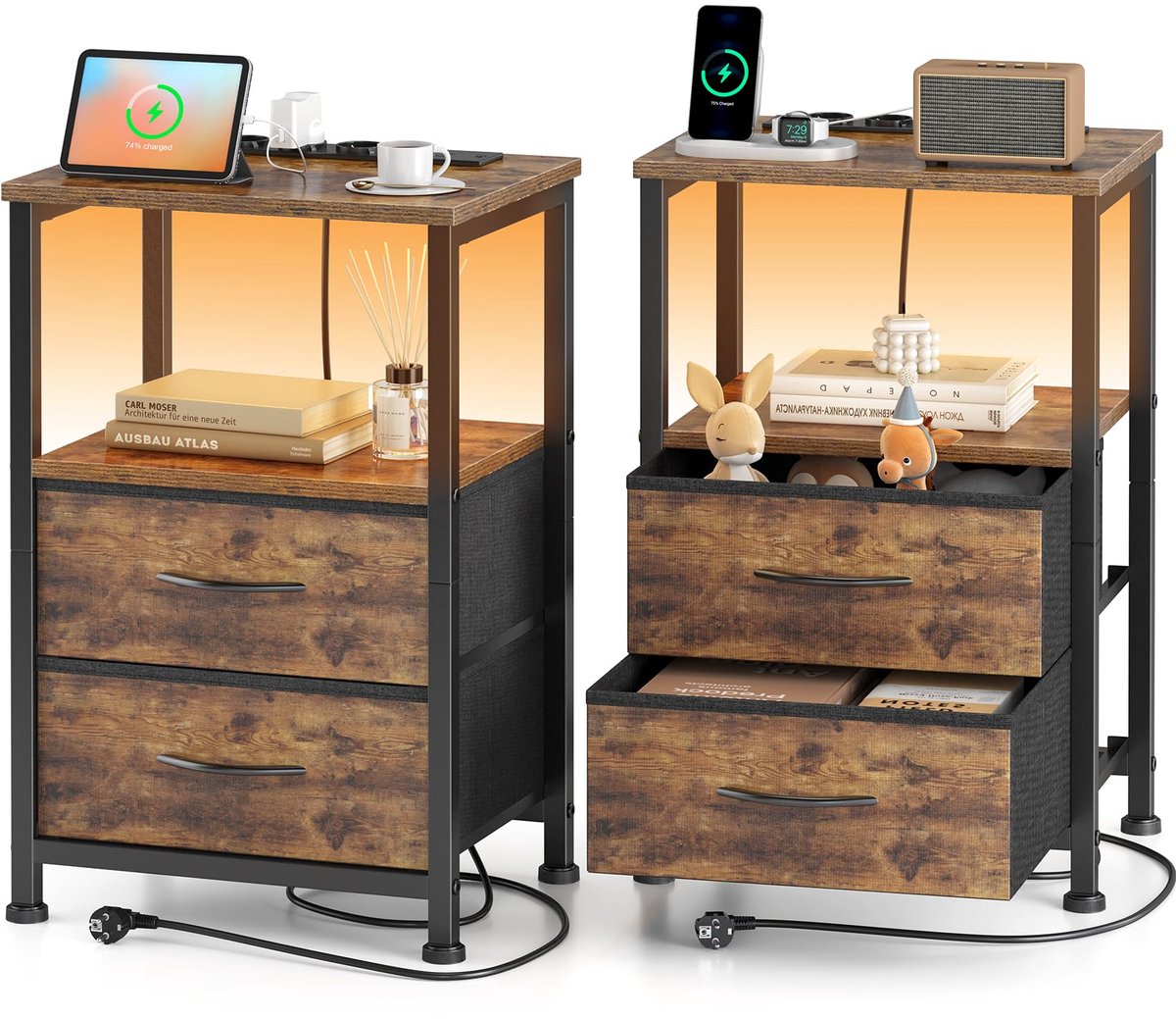 Unyqoos Vintage bruine nachtkastjes set met LED-verlichting en oplaadmogelijkheden