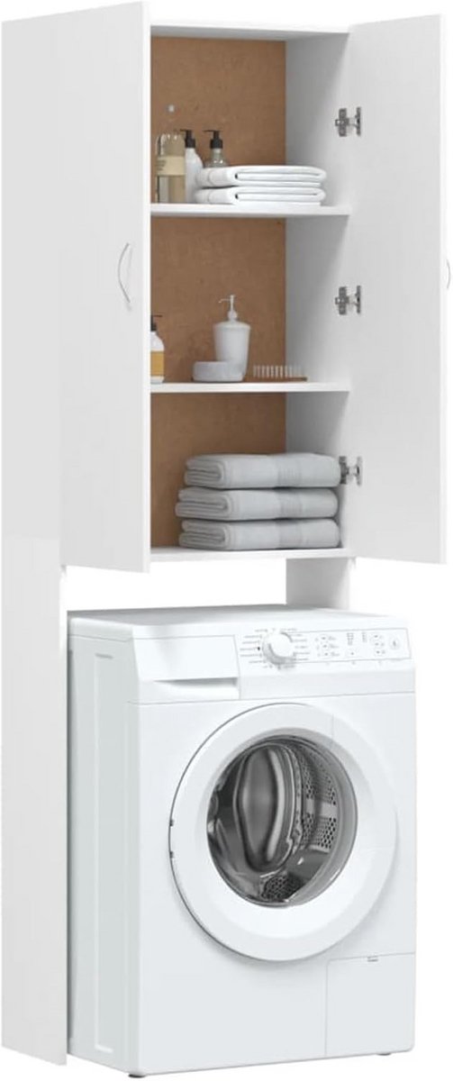 Hoge Wasmachinekast met 2 Deuren en Veel Opbergruimte voor de Badkamer Wit