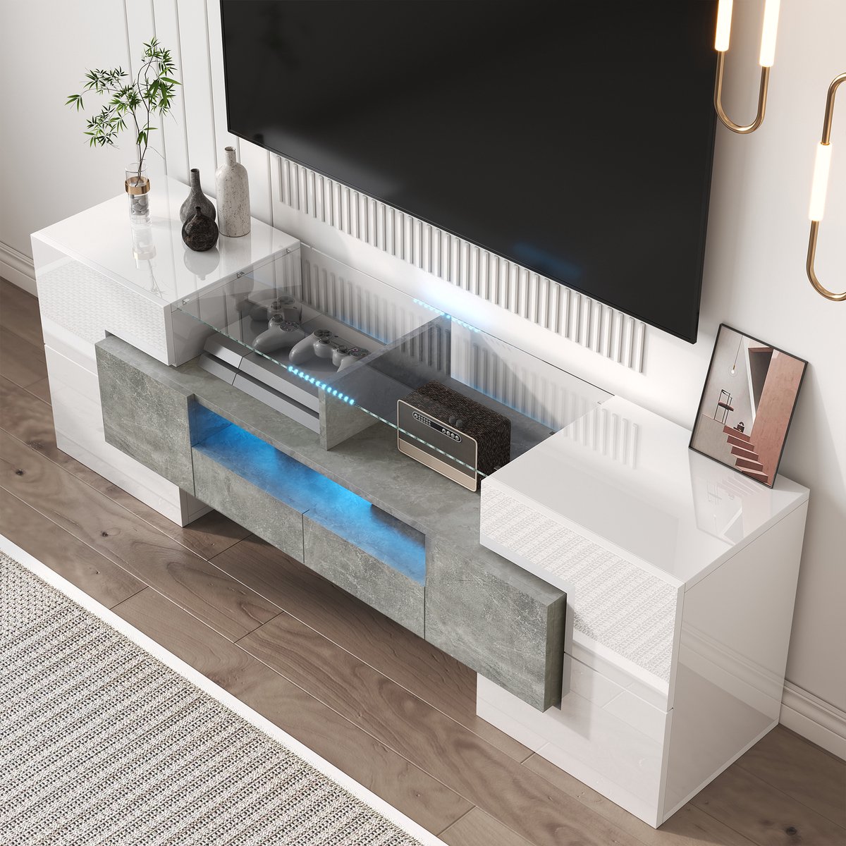 Wishdor Tv-Meubel - Hoogglans Wit Met Betonlook - Met Ledverlichting - Met 6 Deuren En 2 Laden - Spaanplaat - 145 X 30 X 51 Cm