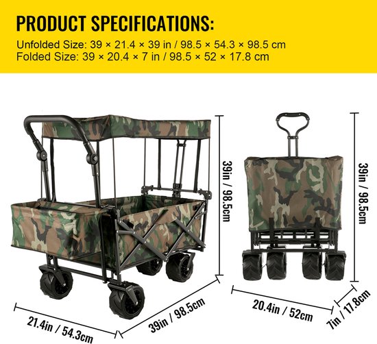 Inklapbare Camouflage Wagentje Met Verwijderbare Luifel, 600D Oxford Stof, Oversize Wielen en Instelbare Handvatten, Draagbaar Vouwbaar Wagentje voor Strand, Tuin en Sport van Merkloos — afbeelding 5