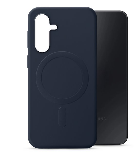 Coque de téléphone bleu marine avec anneau magnétique, à côté d'un téléphone Samsung.