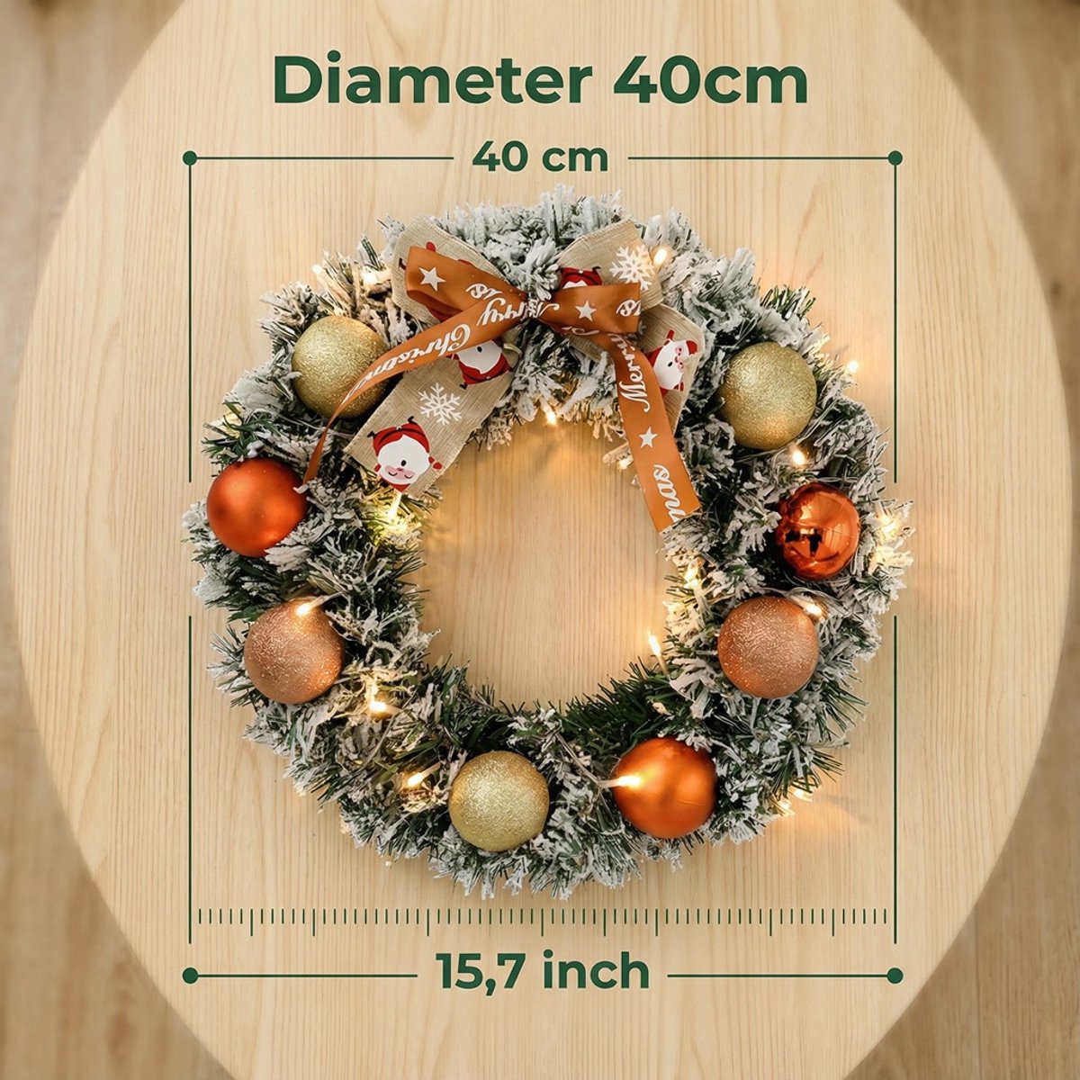 Premium Kerstkrans- met Decoraties & LED verlichting(40cm) - Groen - Met 20 Led Lampjes op Batterijbox - deurkransen kerstversiering- Kerstdecoratie - Kerstmis – foto 5