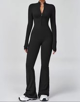 Volt Zip Flare Jumpsuit - Maat S - Zwart - Ribbed Stretch Jumpsuit met Ritssluiting – Comfortabele Flare Fit - Black - Seamless - Dames
