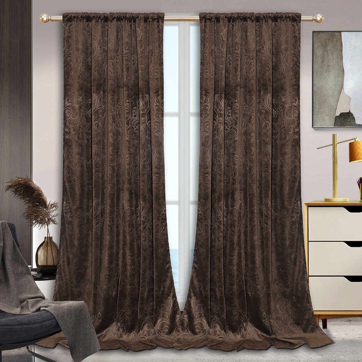 MUPOO Kant-en-Klaar Velours Gordijnen – 2 Stuks Luxe Crushed Velvet met Damastdesign – Verduisterend & Warmtewerend, Superzacht en Dikker – Rod Pocket & Back Tab – Ideaal voor Woonkamer/Slaapkamer – Bruin 132cm×213cm