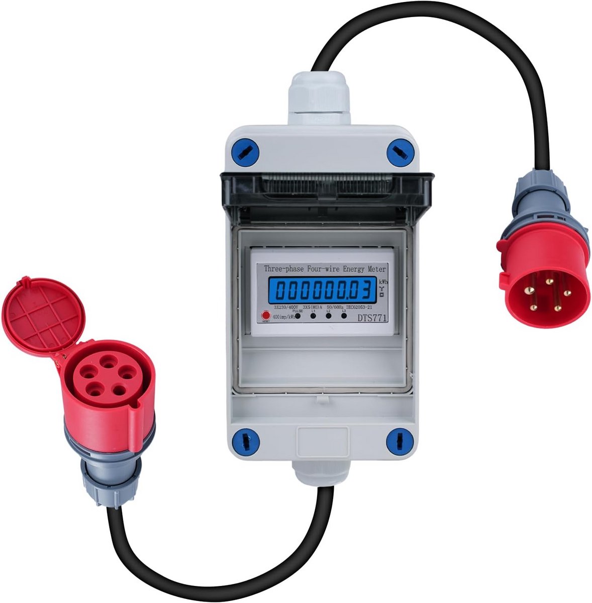Digitale Mobiele Stroommeter 16A 400V 3 Fase CEE Stekker IP44 met Reset en 2m Kabel