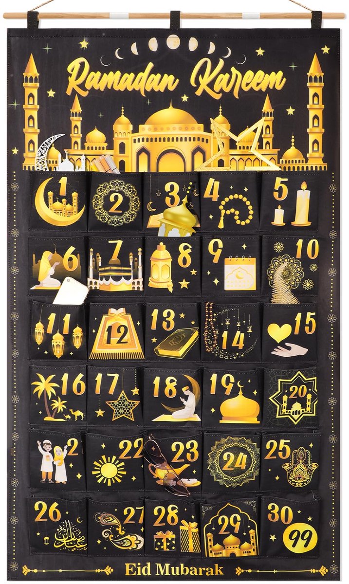 Ramadan-kalender met zakken, herbruikbare doek, Ramadan, adventskalender, leeg om te vullen, hangend voor aan de muur, thuis, Ramadan, aftelkalender voor Ramadan, voor geschenken, Ramadan, zwart