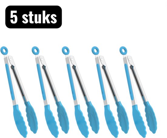 5 pièces - Pince barbecue - Pinces alimentaires - Pinces alimentaires revêtues de nylon - Acier inoxydable - Convient pour un usage domestique, pince à pain, pince barbecue, pince grill résistante à la chaleur - Blauw