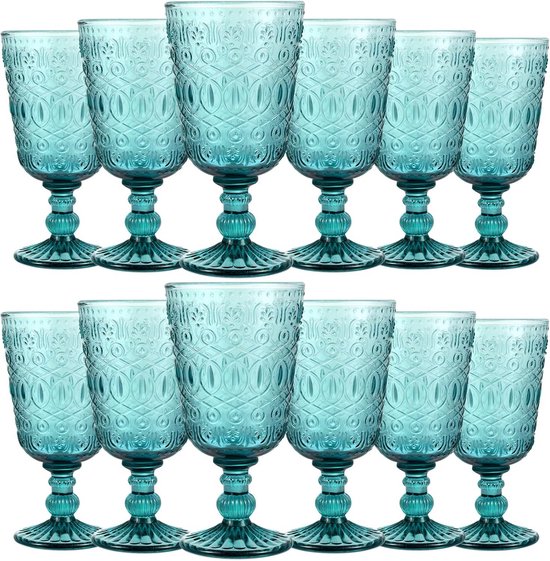 Vintage set van 6 gekleurde wijnglazen, drinkglazen met reliëf (strik/abrikoosglans/250 ml), bruiloftsglazen, champagneglazen, karaf, dessertschaal