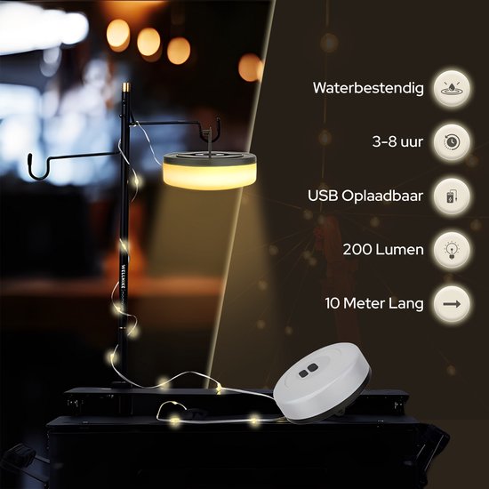 Tech Essentials Camping Lichtsnoer - 100LEDs - 10M - Warm-Wit Licht - Tentlamp - USB-Oplaadbaar - Oprolbaar - Kampeerlamp - Hanglamp - Nood — afbeelding 3