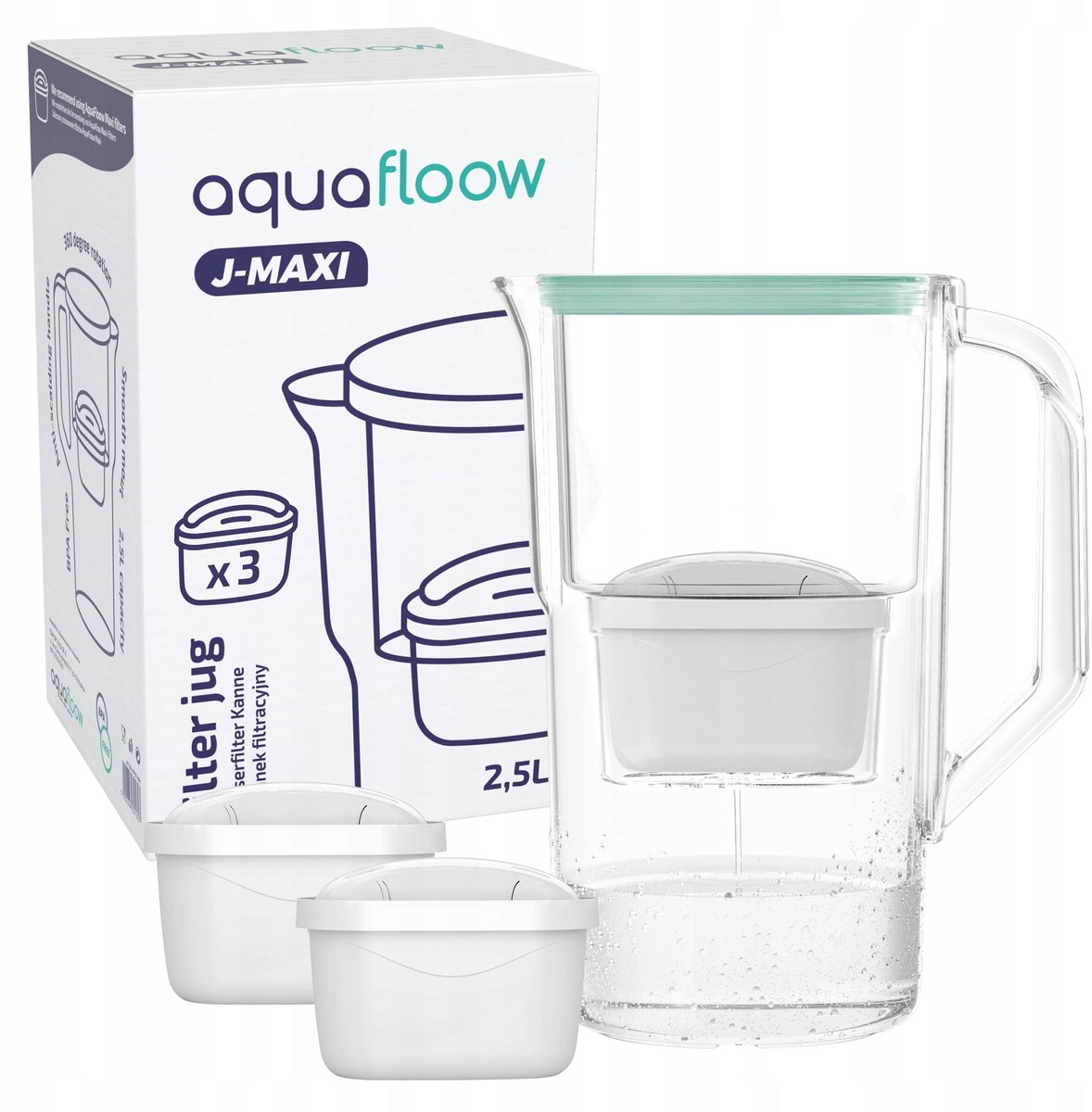 AquaFloow, Waterfilterkan AquaFloow J-MAXI 2,5L - kunststof - vermindert chloor, kalkaanslag en onzuiverheden - set met 3x waterfilters AquaFloow Maxi - munt