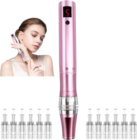 OKWISH Microneedling Apparaat - Huidverzorging Apparaat - Nano Needle Pen - Huid Verbeteringspen - Draadloos - Roestvrij Staal - Oplaadbaar - Roze