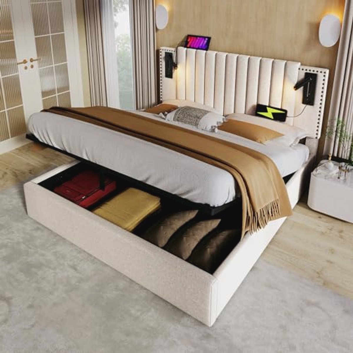 Beige Dubbele Bed met Opbergruimte 160 x 200 cm - Multifunctioneel met Hoofdbord