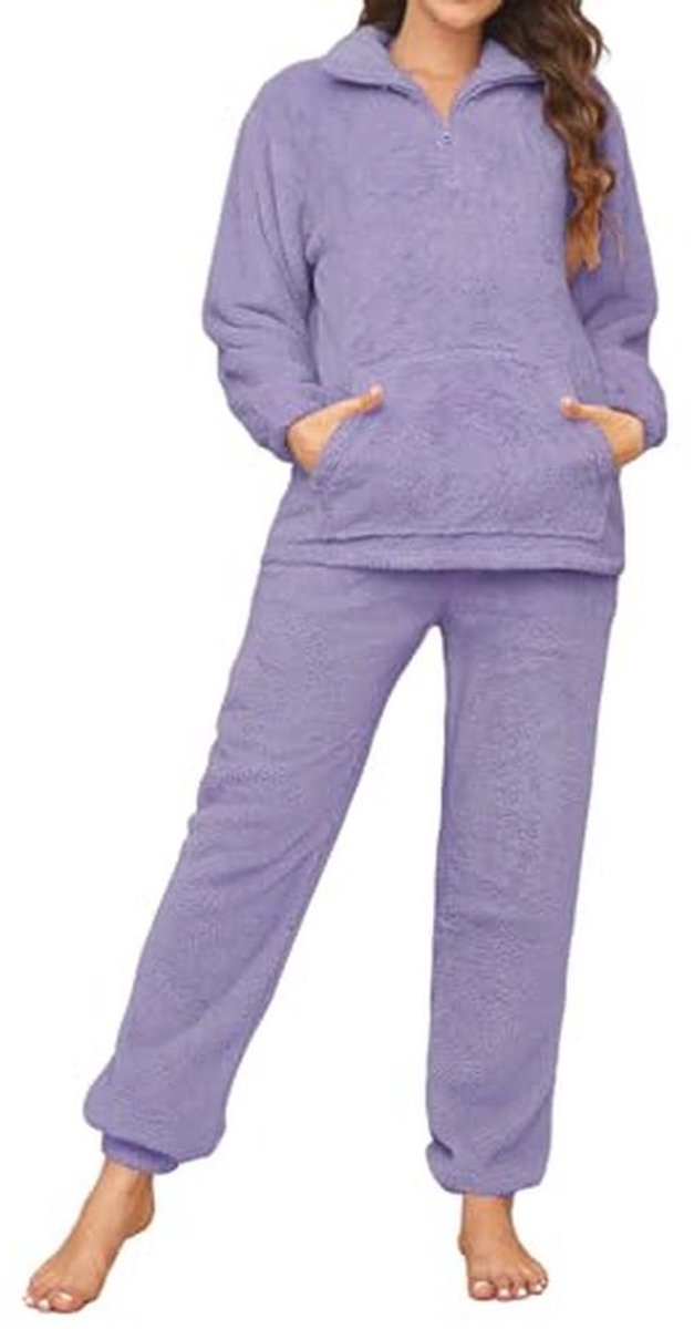 Dames Fleece Pyjama Set voor Winter Comfortabele 2-delige Loungewear met Rits en Zakken
