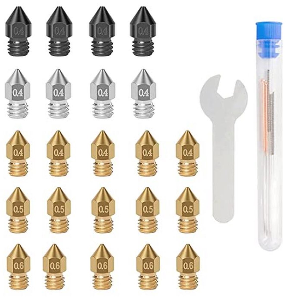3D Printer Mondstuk Reinigingskit 23PCS - 0.4MM-0.5MM-0.6MM - Gehard Staal, Roestvrij Staal, Messing