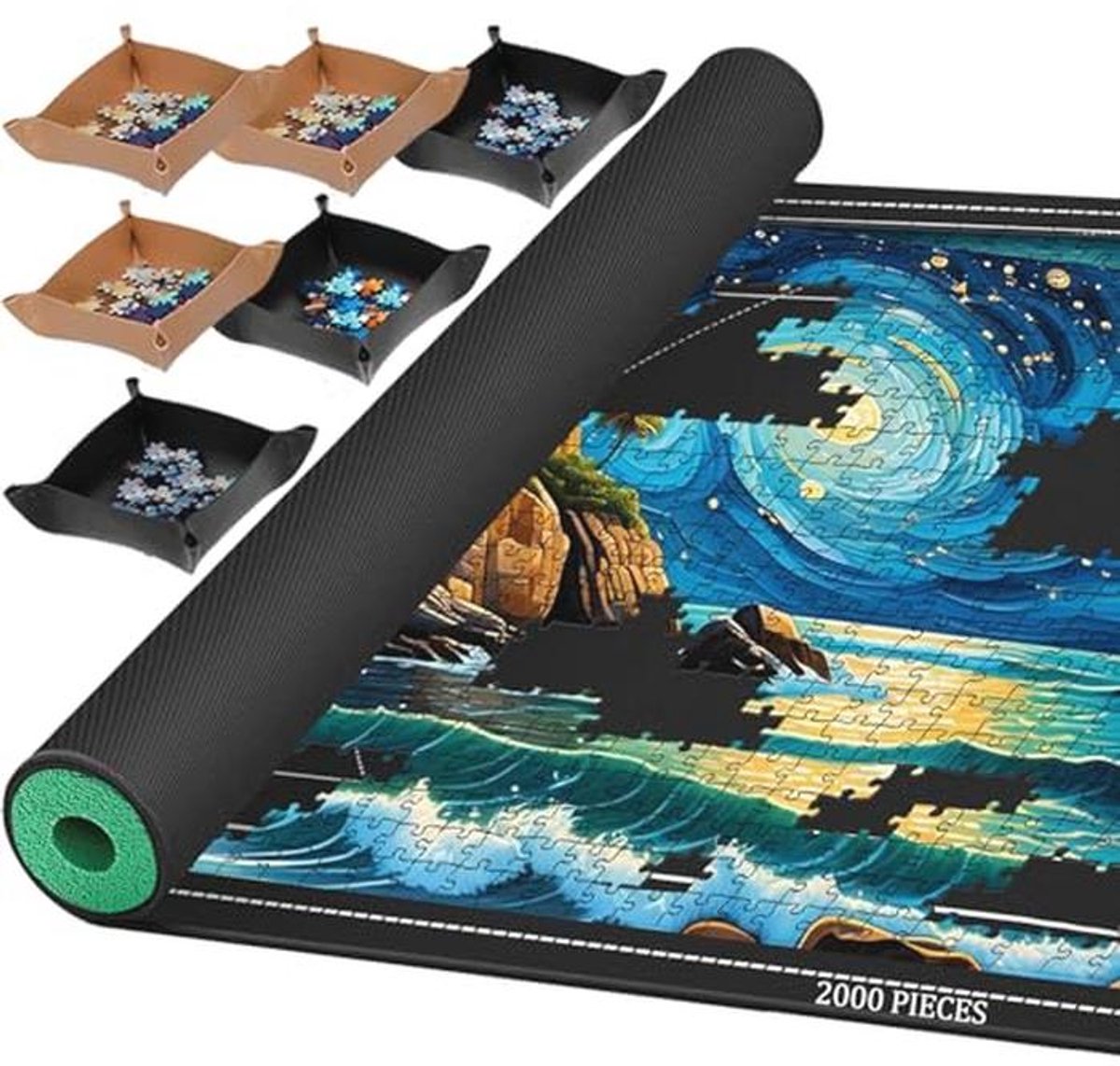 Oprolbare Rubber Puzzelmat voor 2000, 1500 en 1000 Stukken, Inclusief Opbergbakjes en Lijmvellen