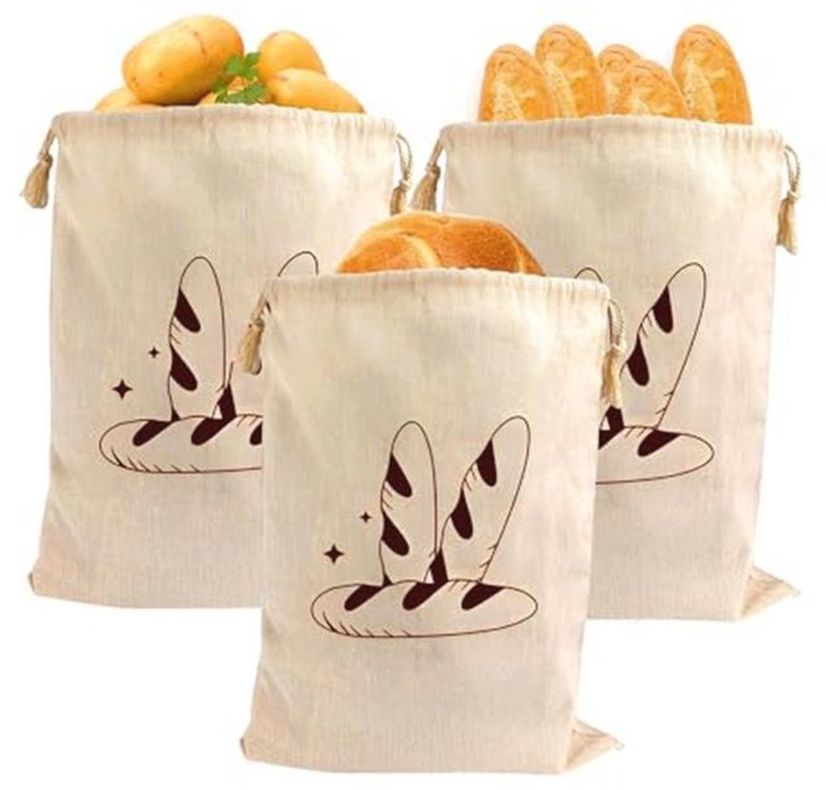 Katoenen broodzakken 30 x 40 cm - 3 stuks voor vers brood en gebak