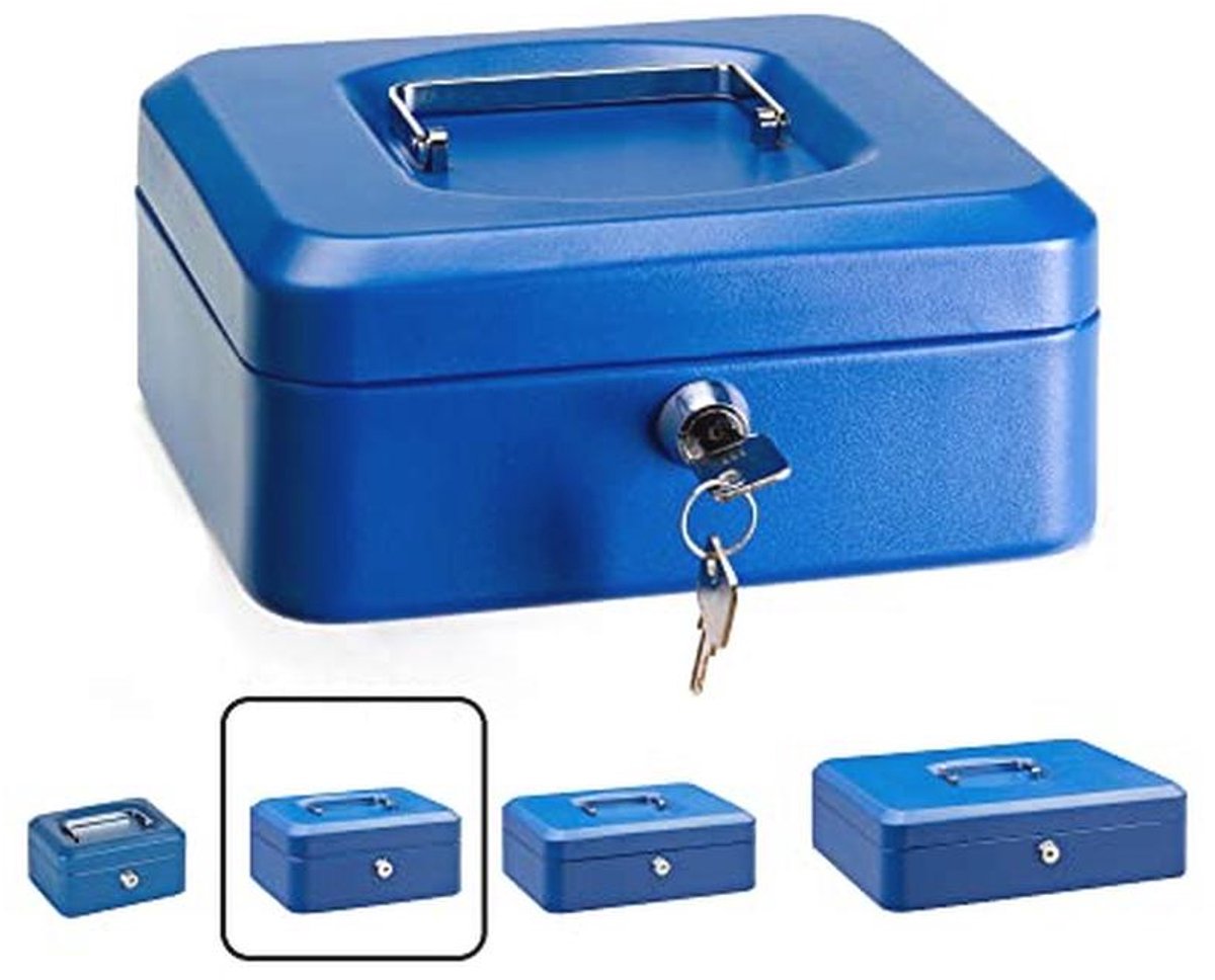 Stalen Geldkistje 20 cm Breed | Afsluitbaar Geldkluisje met Legbord | Geldkist met Sleutel en Inzet voor Munten | Blauw