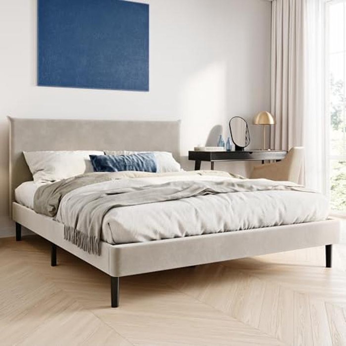 Gestoffeerd Tweepersoonsbed 160x200 cm met Lattenbodem en Gevoerd Hoofdeinde in Beige