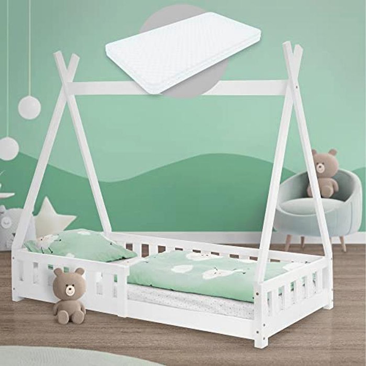 Kinderbed Tipi 80x160 cm met Matras en Valbeveiliging - Houten Huisbed