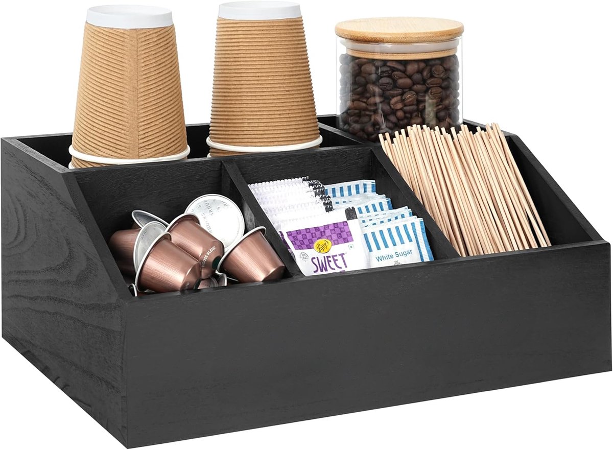 Famanu - Modern houten koffiestation voor werkblad, stijlvolle organizer voor kantoor en keuken, met ruimte voor bekers, suiker en snacks