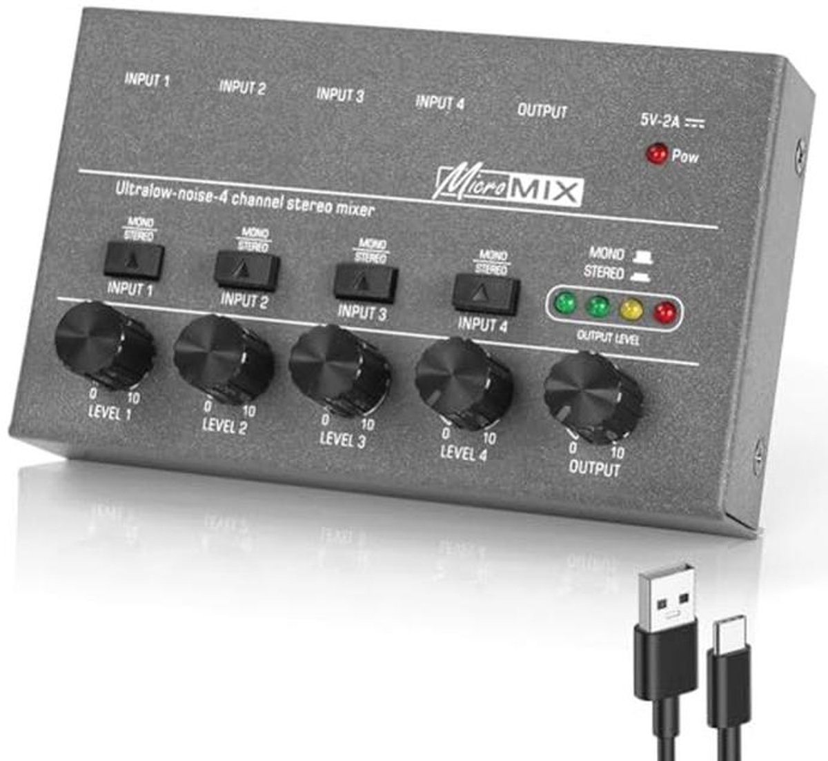 4-kanaals mini audiomixer voor microfoons, gitaren en bassen - Compacte mengtafel