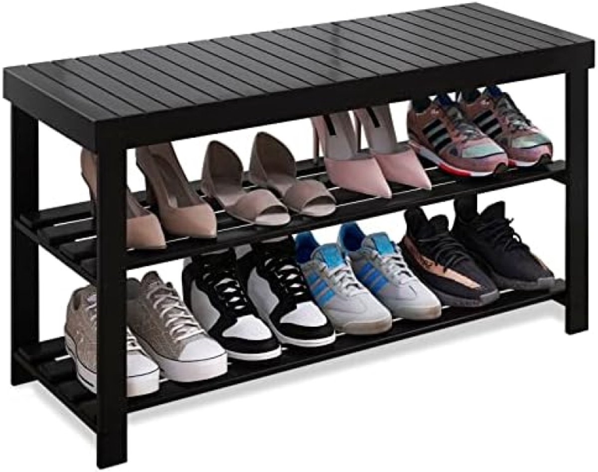 PromoHome Bamboe Schoenenrek Bank, 3-Tier Schoen Organizer Opbergplank voor Hal Hal Badkamer Woonkamer (zwart)