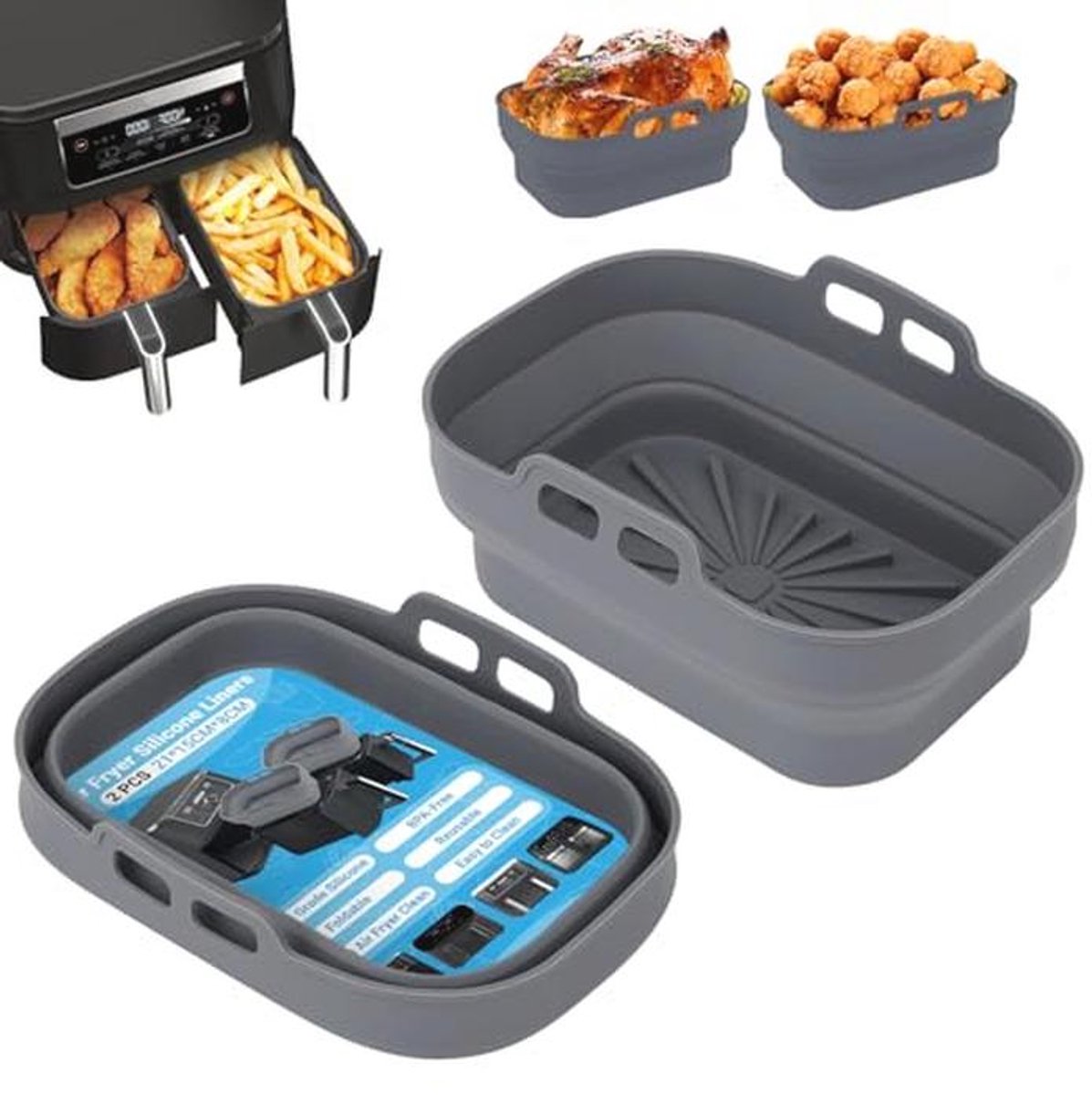 Herbruikbare Siliconen Potten voor Airfryer - 2 Stuks Rechthoekige Tray Basket Liners