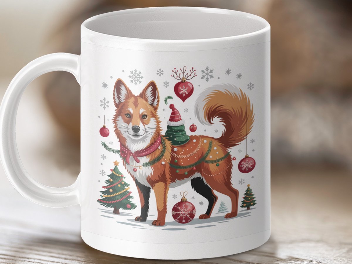 Mok Kerst Vos, Feestdagen, Rode Sjaal, Kerstboom, Versiering, Cadeau Idee, Unieke Mok