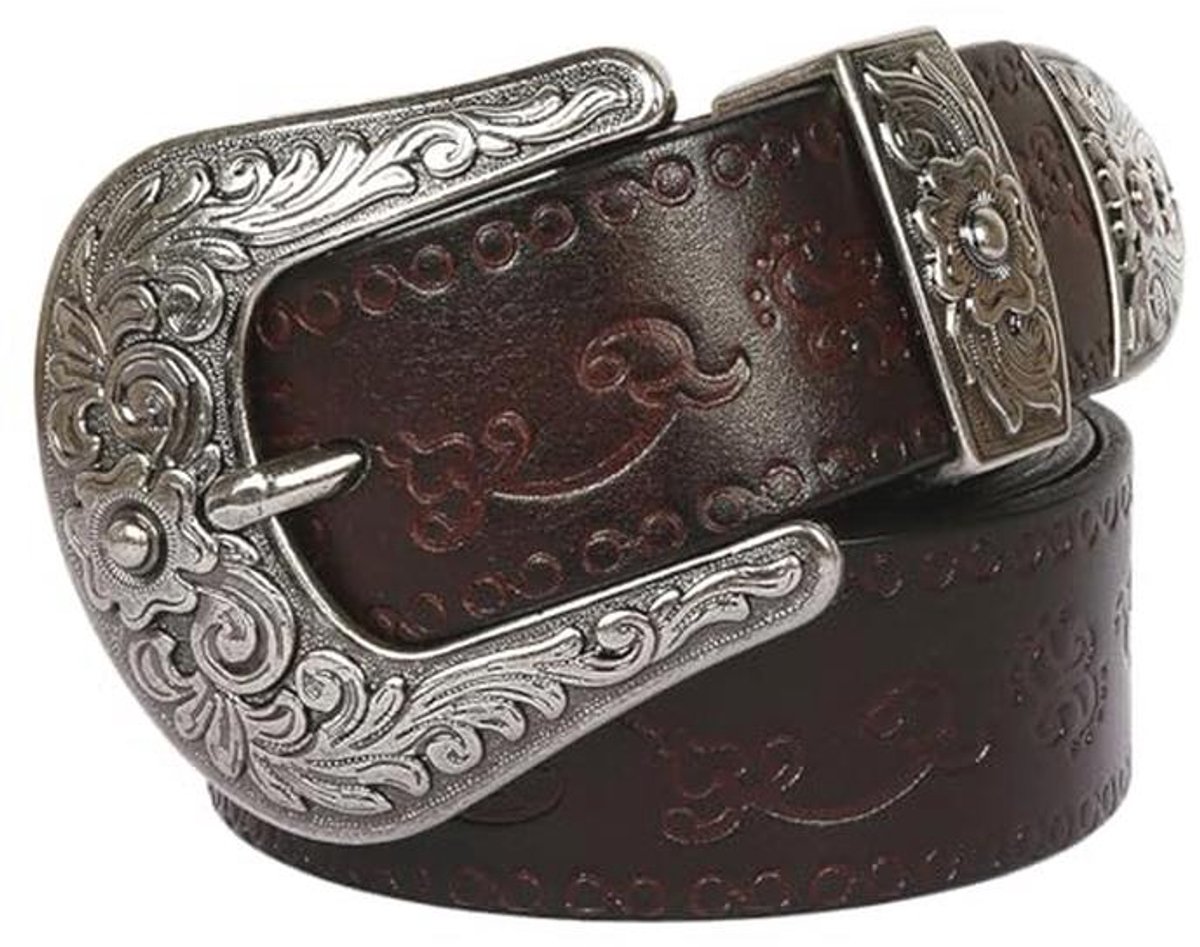 Surrycee 105-150CM extra lange westerse riem, dames heren landriem met grote vintage gesp Cowgirl Cowboy bloemen reliëfriemen, 35 mm breed