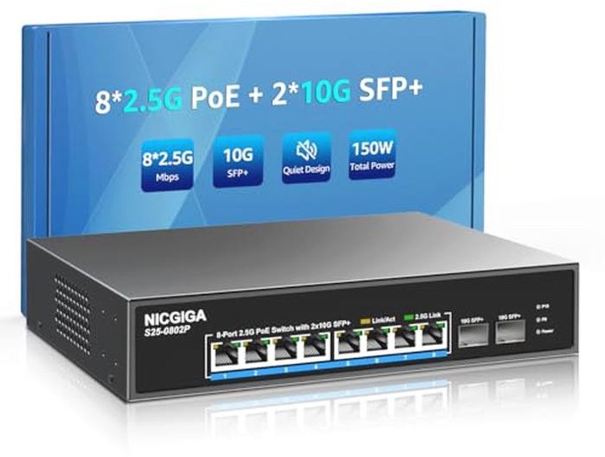 8-poorts 2.5G PoE-switch met 10 poorten en 130W power over ethernet