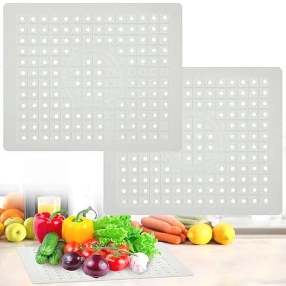 Rubberen Gootsteenmat Set van 2, 31 x 26 cm, Antislip en Warmtebestendig, Met Afvoergat