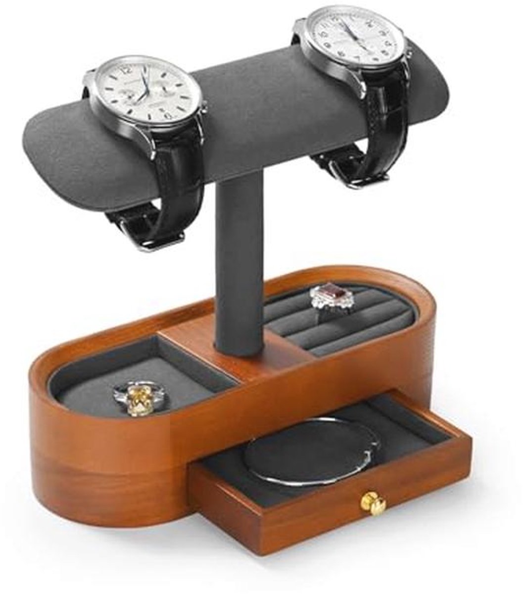 Houten Horlogestandaard en Sieradenhouder - Organizer voor Ringen en Oorbellen - Sieradendisplay met Laden (Donkergrijs)