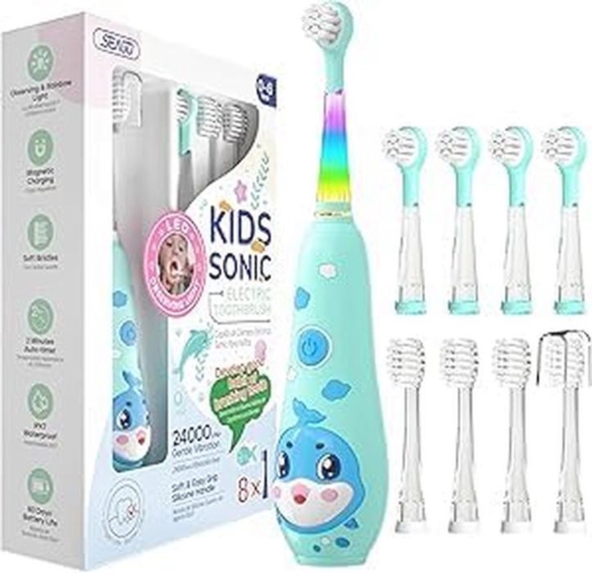 Elektrische Kindertandborstel met LED-verlichting, Magnetische Oplaadfunctie, 8 Vervangbare Borstels, 2-Minuten Timer, Geschikt voor Peuters 0-6 Jaar