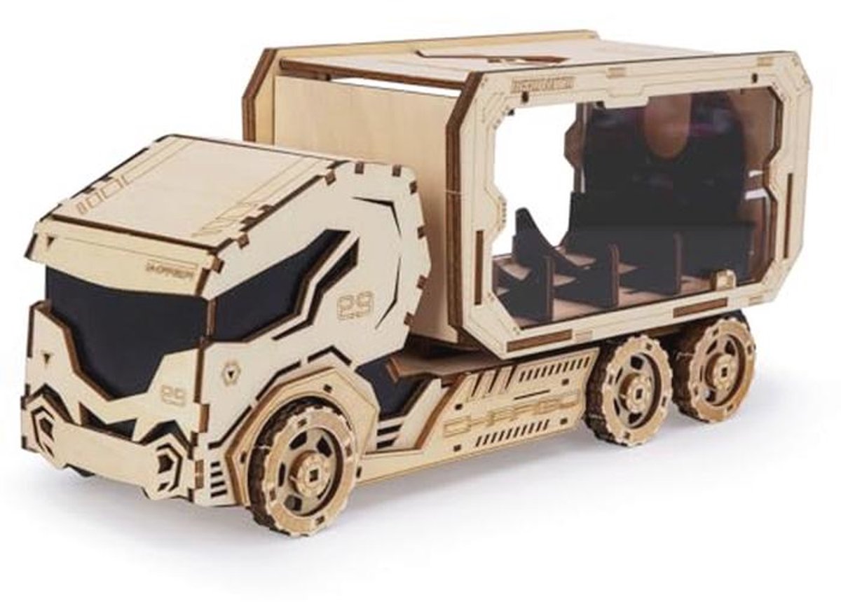 Houten spaarvarken vrachtwagen 3D puzzel voor volwassenen