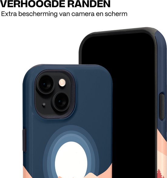 Close-up van een hoesje voor iPhone 15 Magsafe met verhoogde randen bij de camera.