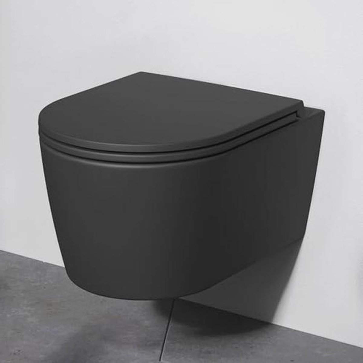 Hangtoilet zonder spoelrand, mat zwart, diepspoeltoilet, wandtoilet met softclose mechanisme, keramisch toilet