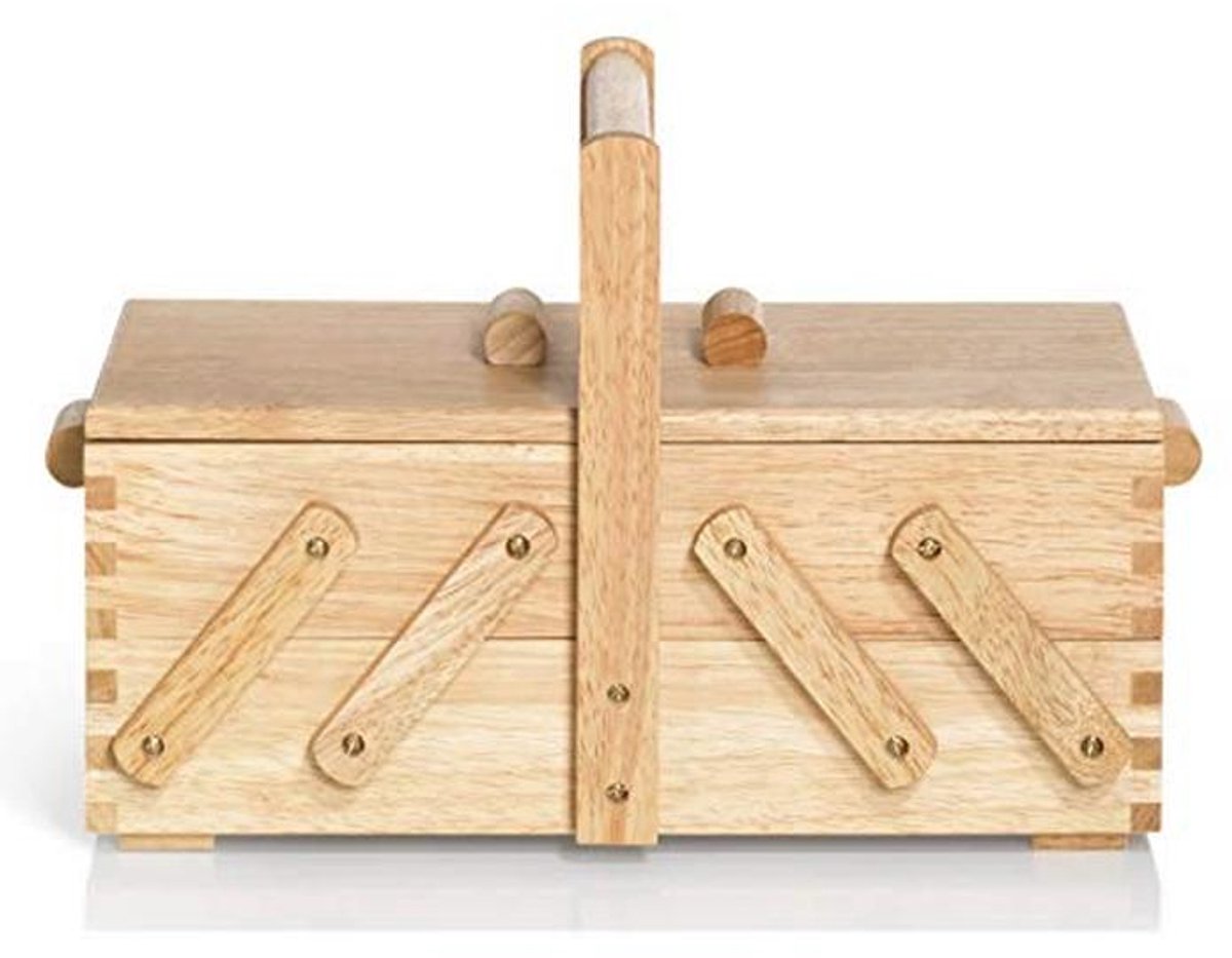 Lichte houten naaidoos met harmonica-systeem en drie niveaus, beige en bruin