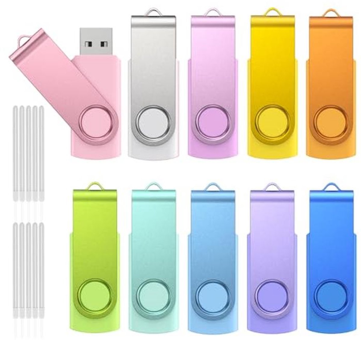 Mini USB Stick Set van 10 - 8GB Geheugensticks met Draaibare Connector en Koord - Ideaal voor Documenten en Presentaties