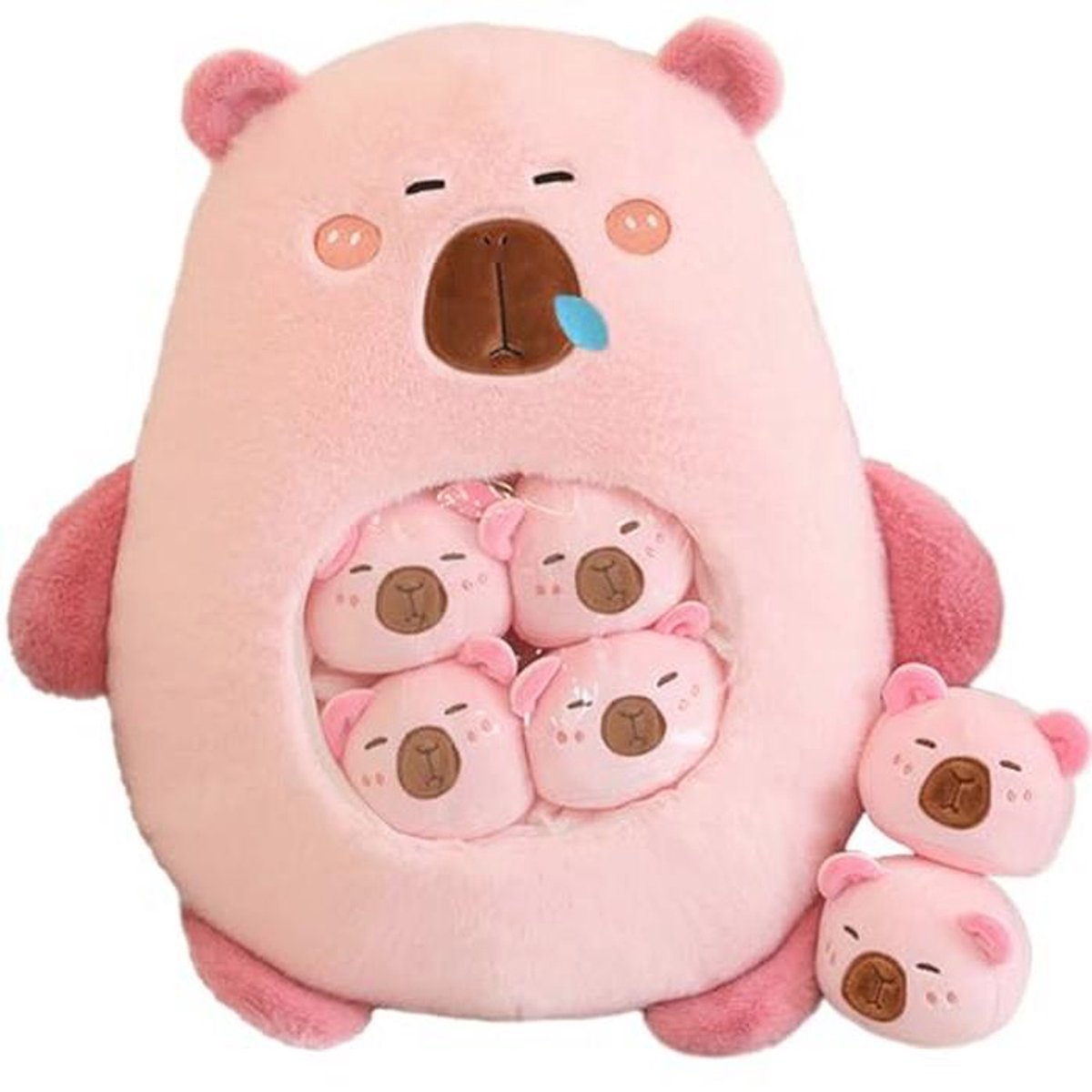 Zachte Capibara Pluche met 6 Schattige Baby's en Snacks - Knuffelkussen voor Baby's