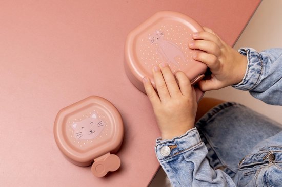 Kinderhanden houden twee open roze snackdoosjes vast, met kattenontwerp.