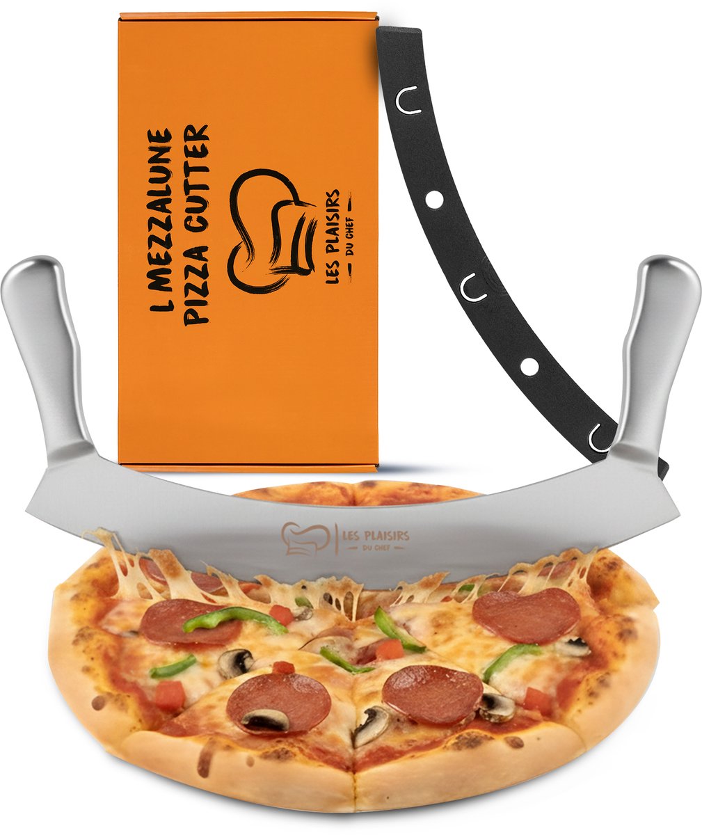 Les Plaisirs du Chef – Extra scherpe pizzasnijder / wiegemes – pizza snijder uit roestvrij staal – dubbel handvat – Ø 30,5 cm