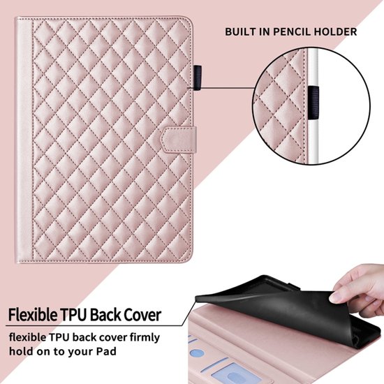 Roze PU lederen tablet hoesje, detail van de potloodhouder en flexibele TPU achterkant.