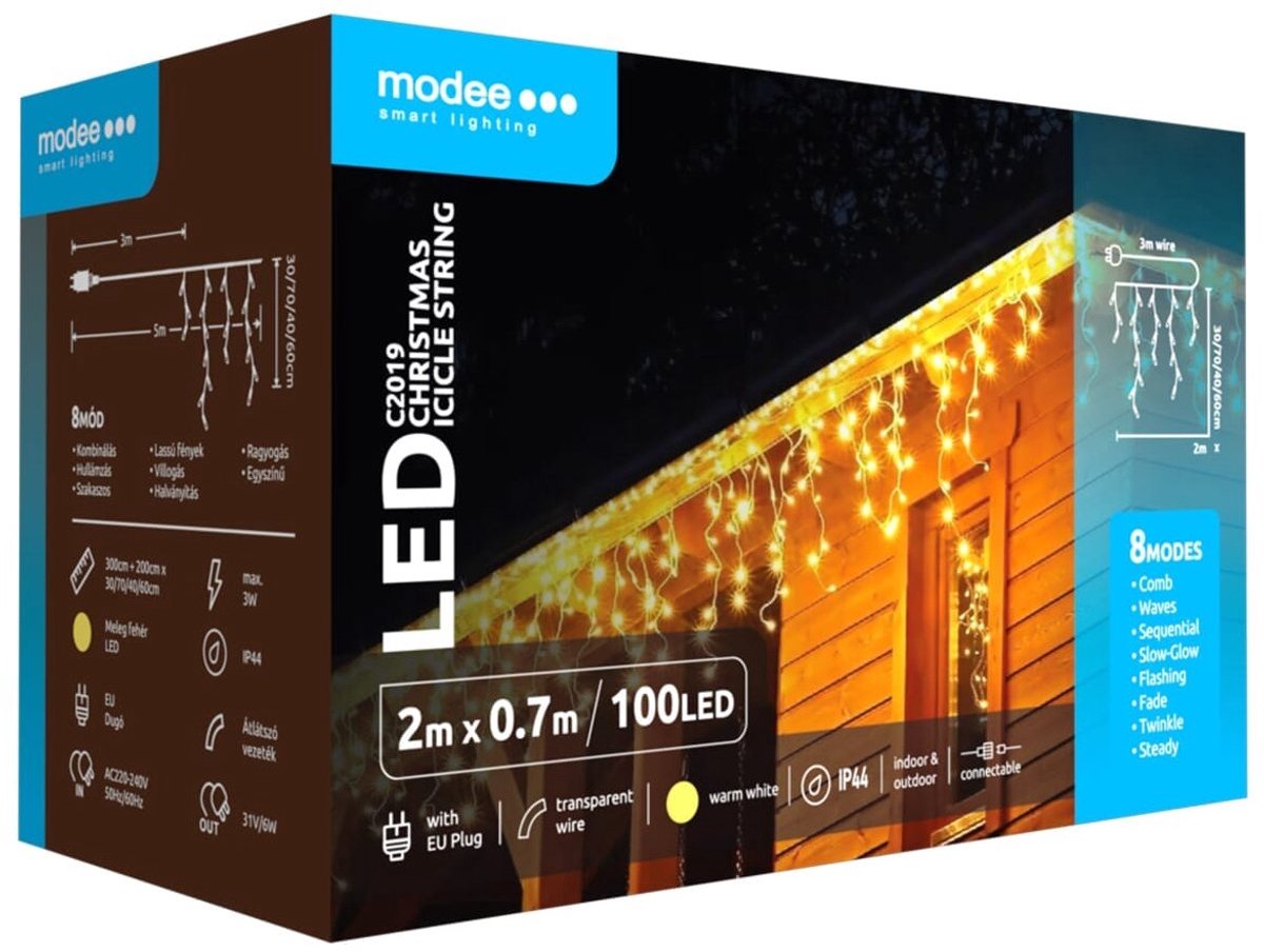 Modee IJspegel Verlichting Buiten 2 Meter - Kerstverlichting voor Buiten en Binnen - Verlengbaar - 70cm Hoog - 100 LED Lampjes - 8 Lichtstanden - IP44 - 2700K - Warm Wit Licht - 5 stuks