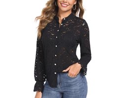 Elegante Kanten Blouse Dames met Lange Mouwen - Casual Doorschijnend Hemdblouse met Opstaande Kraag